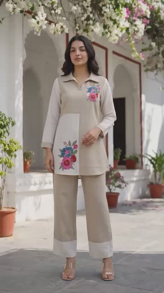 Cotton linen with lining crochet flower very elegant two piece cordset (S152)