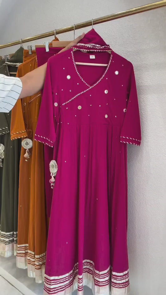 Megenta bright pink Angrakha pattern three piece set (A1119)
