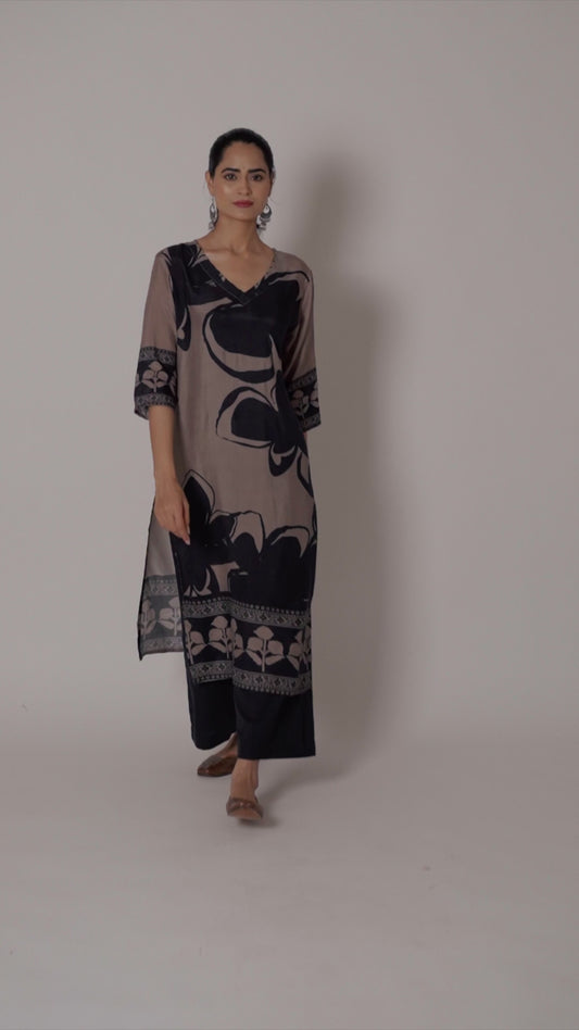 Black with grey pure mul silk two piece set (A213)