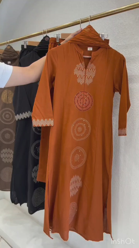 Orange with thread embroidery three piece set (A222)