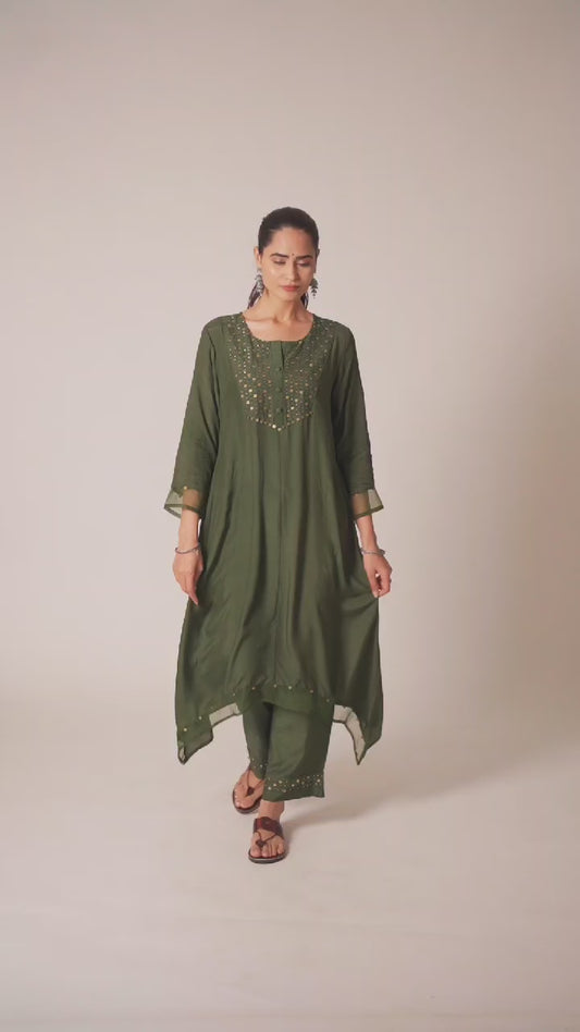 Green pure muslin silk with coin lace detailing two piece cordset (T78)