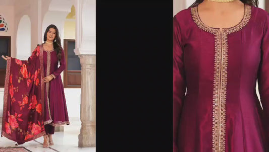 Dark wine russian silk designer three piece anarkali (P803)