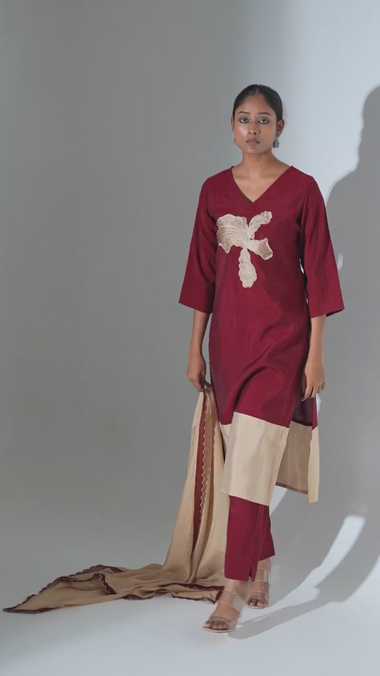 Mahroon pure muslin with applique work three piece set (A806)