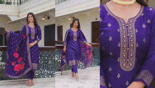 Purple pure banarsi silk three piece set (P804)