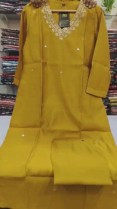 Yellow pure Muslin with lining three piece set (A1142)