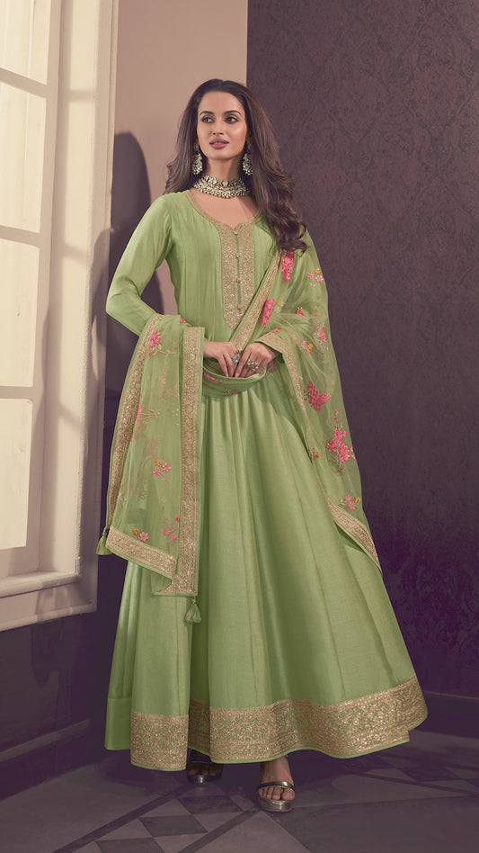 Light green flared russian silk anarkali with thread embroidery dupatta (P1661)