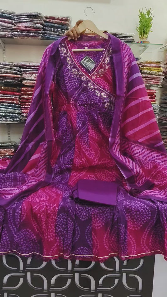Purple with pink Angrakha pattern pure cotton three piece set (A1079)