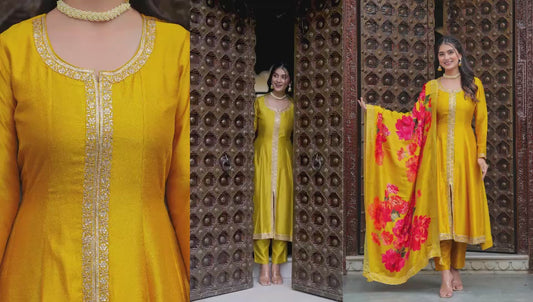 Yellow russian silk designer three piece anarkali (P806)