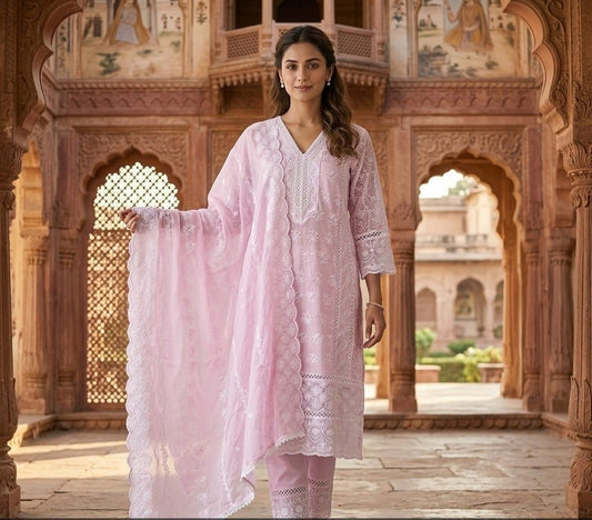 Full chikankari with mul lining three piece set (B872)