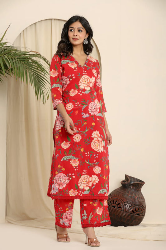 Tomato red pure cotton with fully elastic plazzo pant two piece set (P1359)