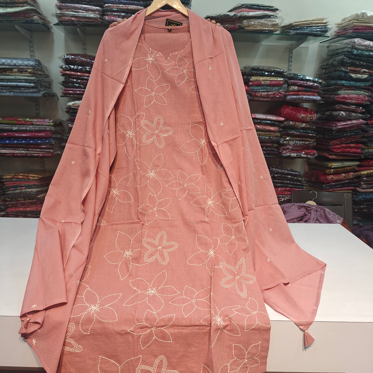 Light pink pure linen fully thread work three piece set (P2265)