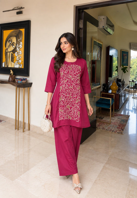 Pure muslin with embroidery smart two piece cordset (C756)