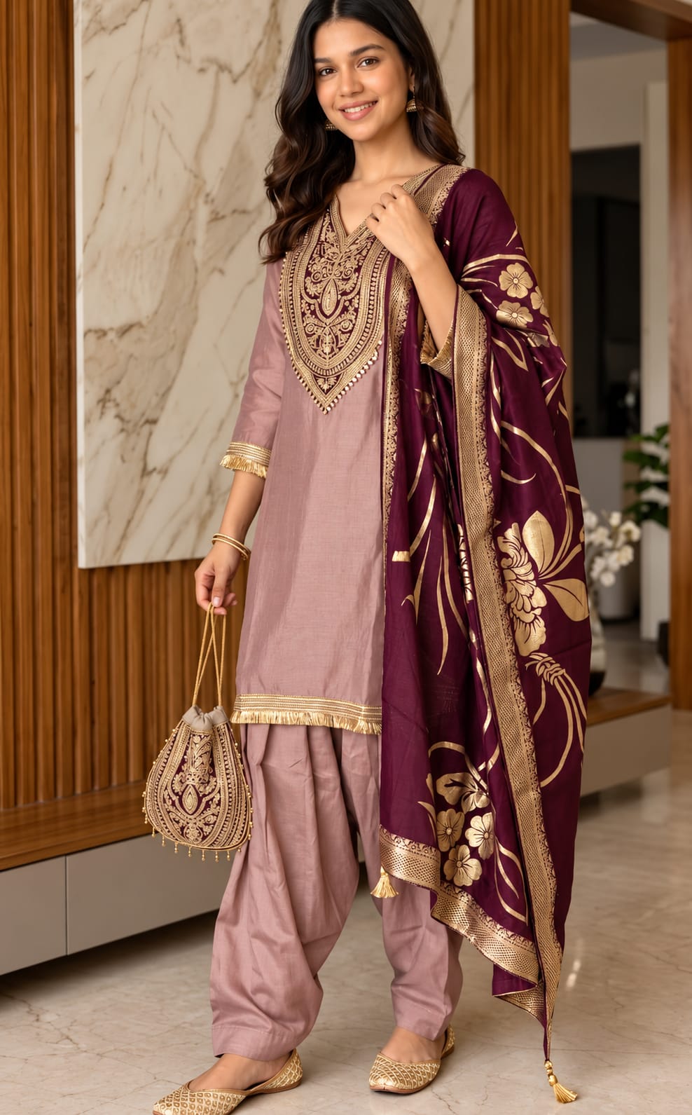 Pure tissu with hand work farshi salwar with potli bag three piece set (C761)