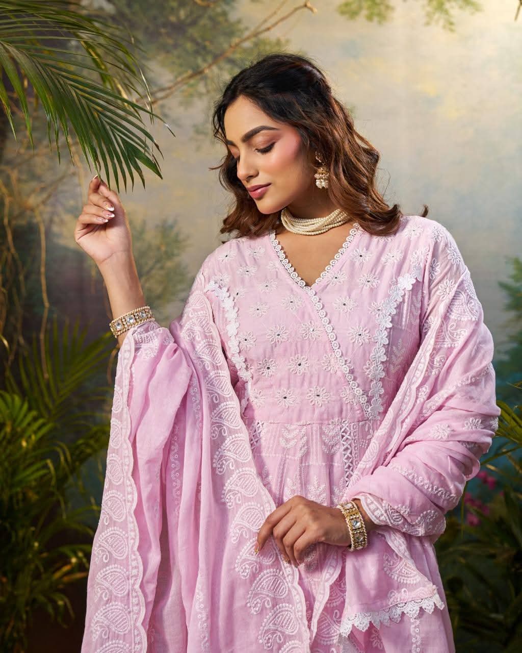 Pink pure cotton fully chikankari anarkali (A842)