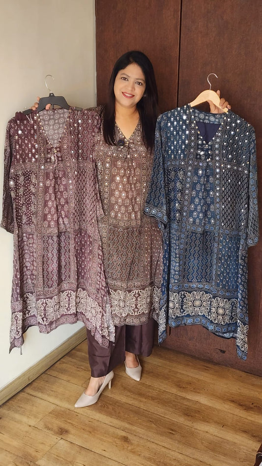 Brown colour Pure crape Ajrakh print loose fit upto 46 size (B215)