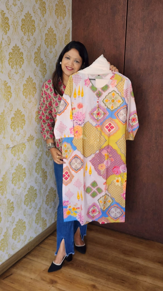 Pure cotton white with digital print three piece set (A136)