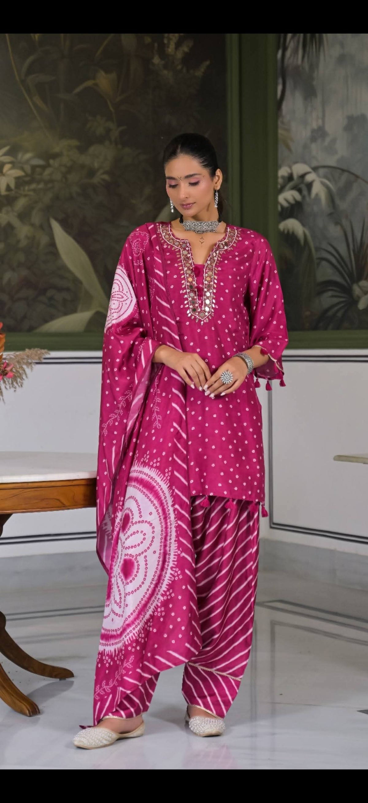 Pure dola silk with heavy neck work and paired with farshi salwar three piece set (C526)