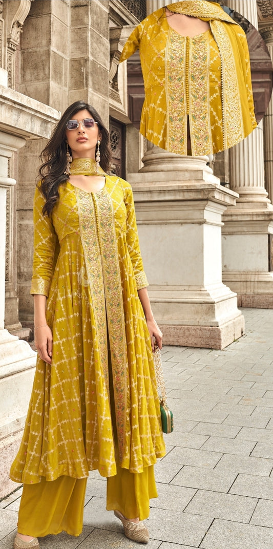 Mustred jacquard georgette designer Indowestern dress (T181)