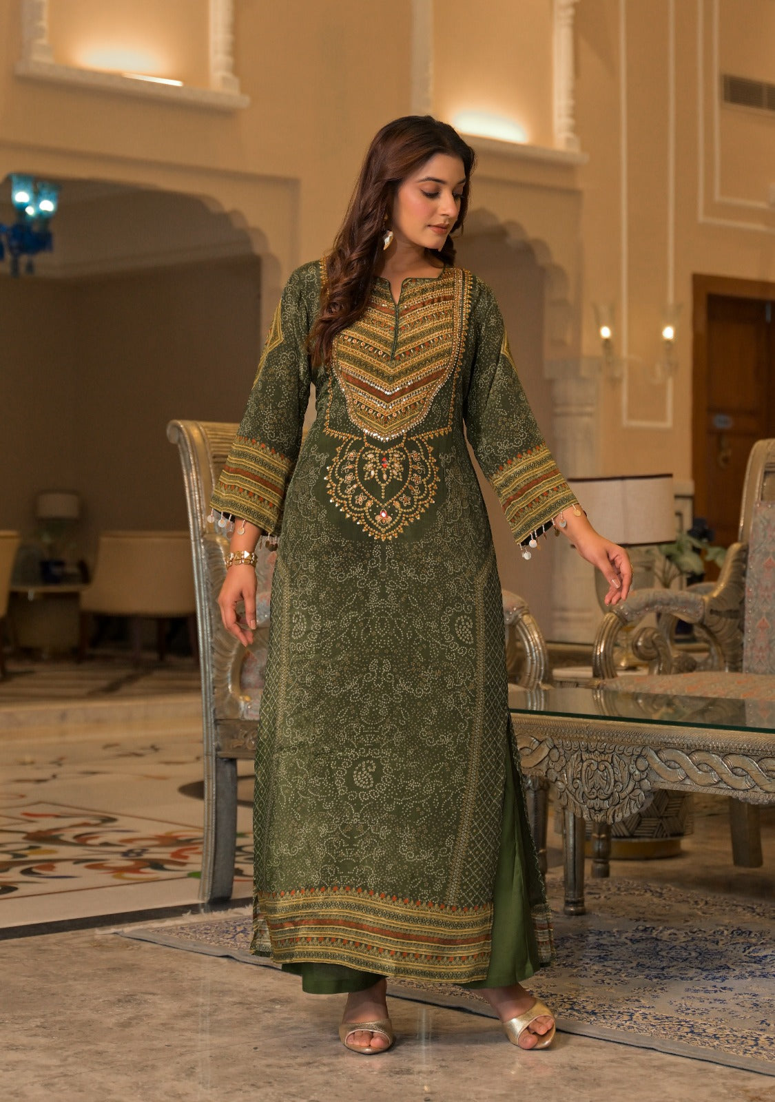 Natural crape with lining pakistani pattern two piece cordset length 54 inch (S306)