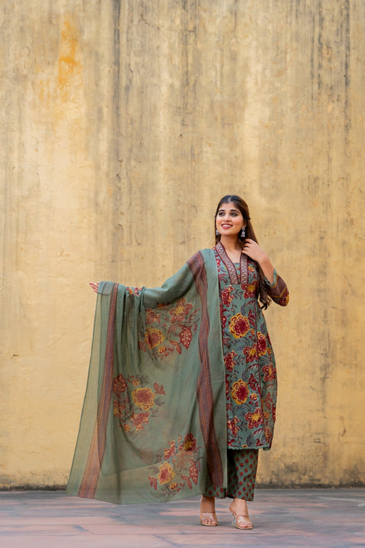 Green kalamkari pure cotton three piece set (P1916)