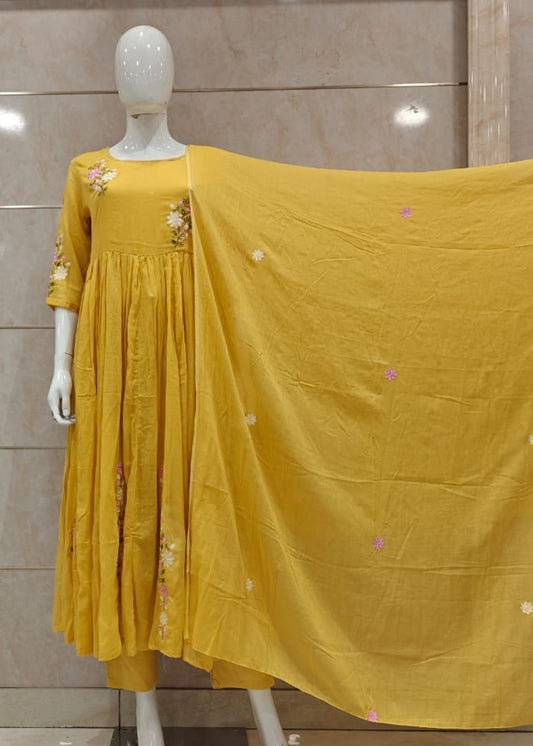 Yellow mul cotton fully embroidered three piece set (P779)