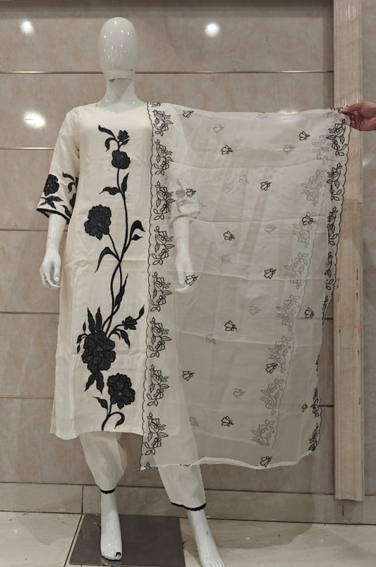 Milky white pure muslin with thread work and organza duppatta (P283)