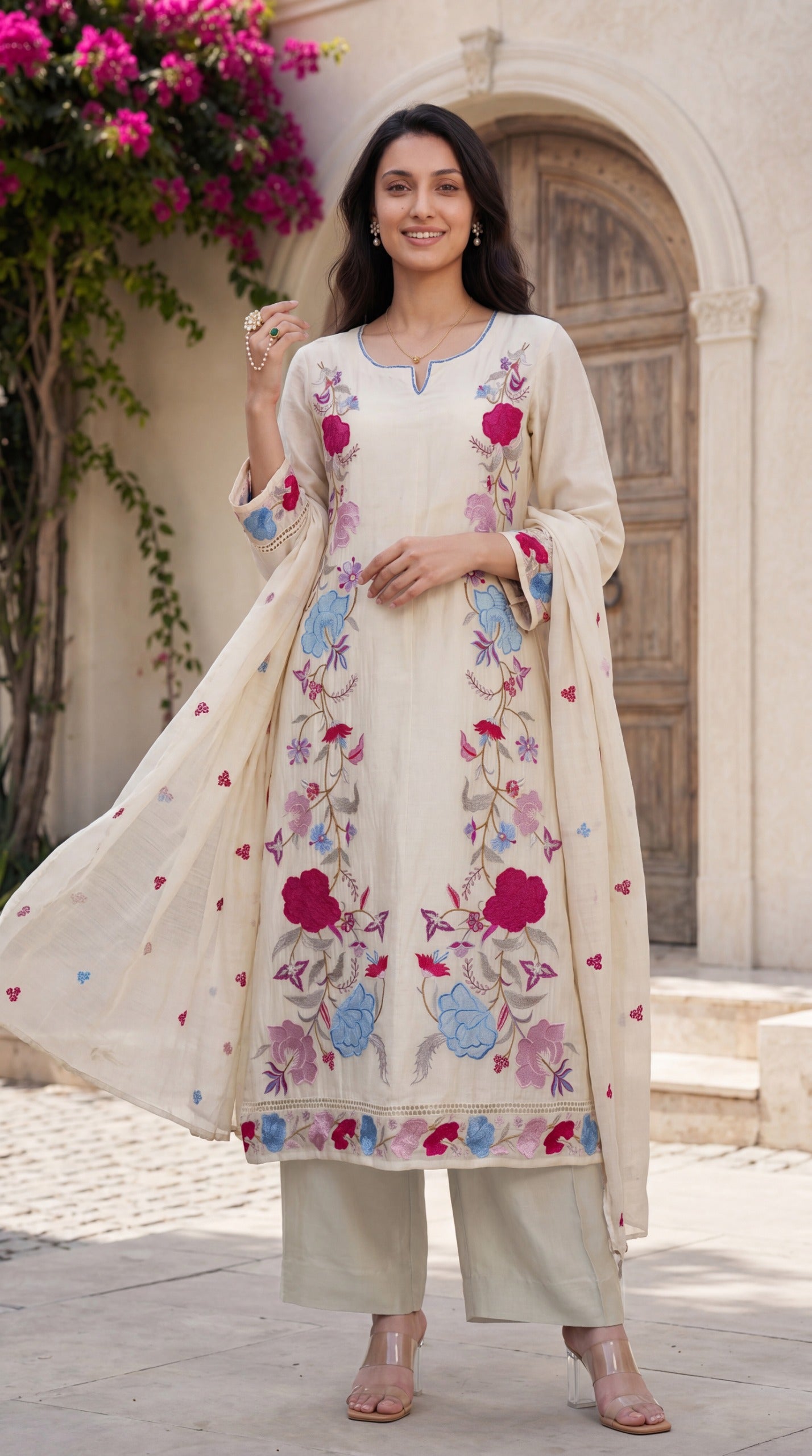 Soft crush chanderi full thread work three piece set (B781)