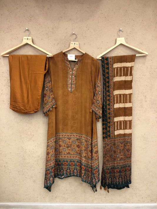 Pure crape Ajrakh print smart three piece set (S452)