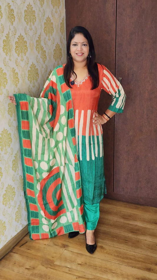 Orange with green pure mul silk three piece set (A917)