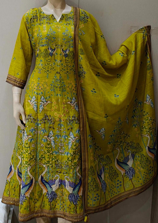 Cotton chanderi A line with full gitten work three piece set (B835)