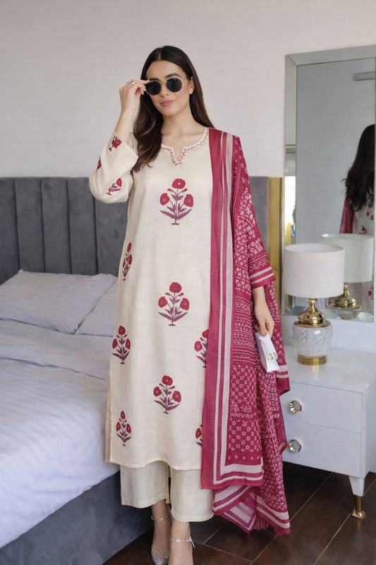 Linen mugal print smart three piece set (B283)