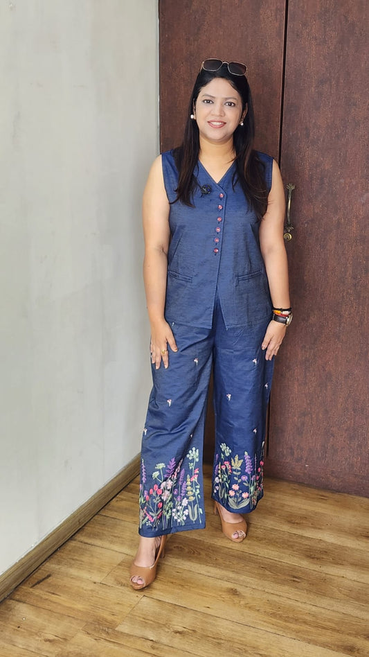 Denim two piece cordset fully embroidered stylish and comfortable (A1366)