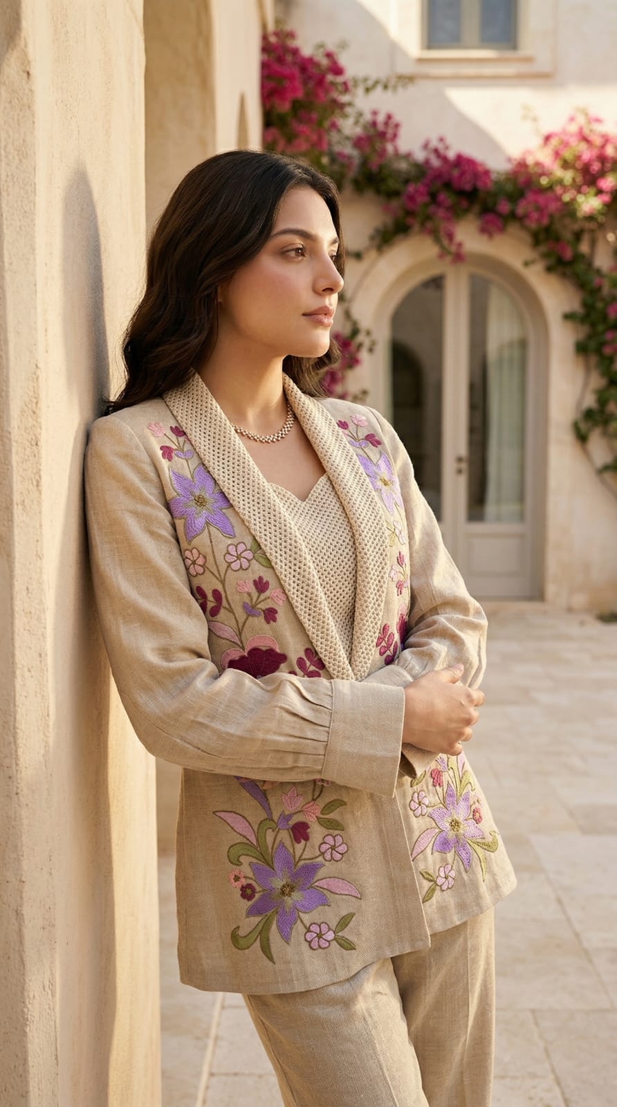 Smart jute linen fully embroidered with jute inner three piece set (B528)