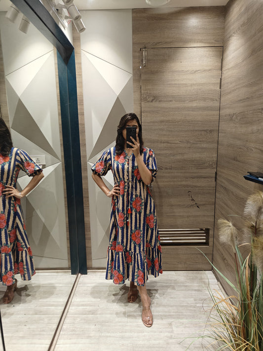 Blue stripes pure cotton one piece dress (P2375)