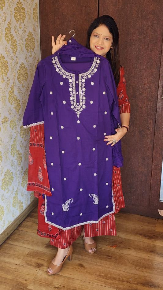 Purple full thread embroidery three piece set (P1707)