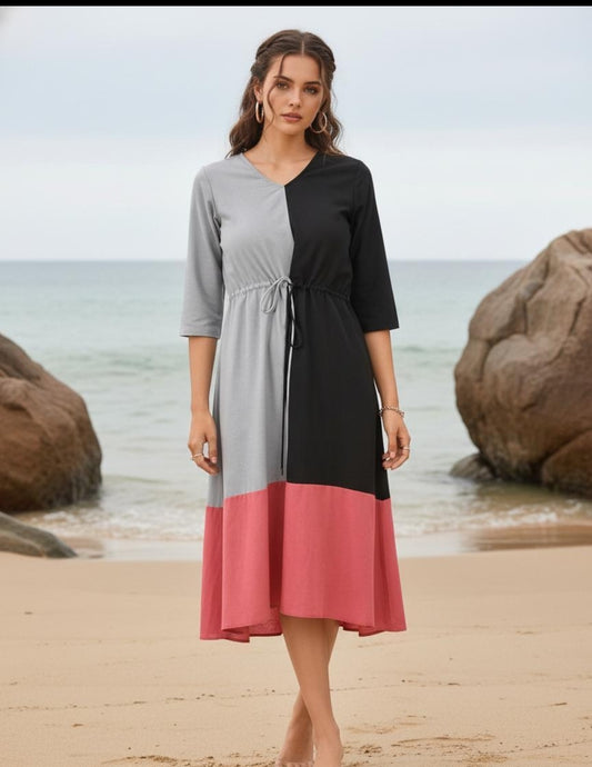 Handloom cotton with string deep mobile pocket one piece dress (B437)