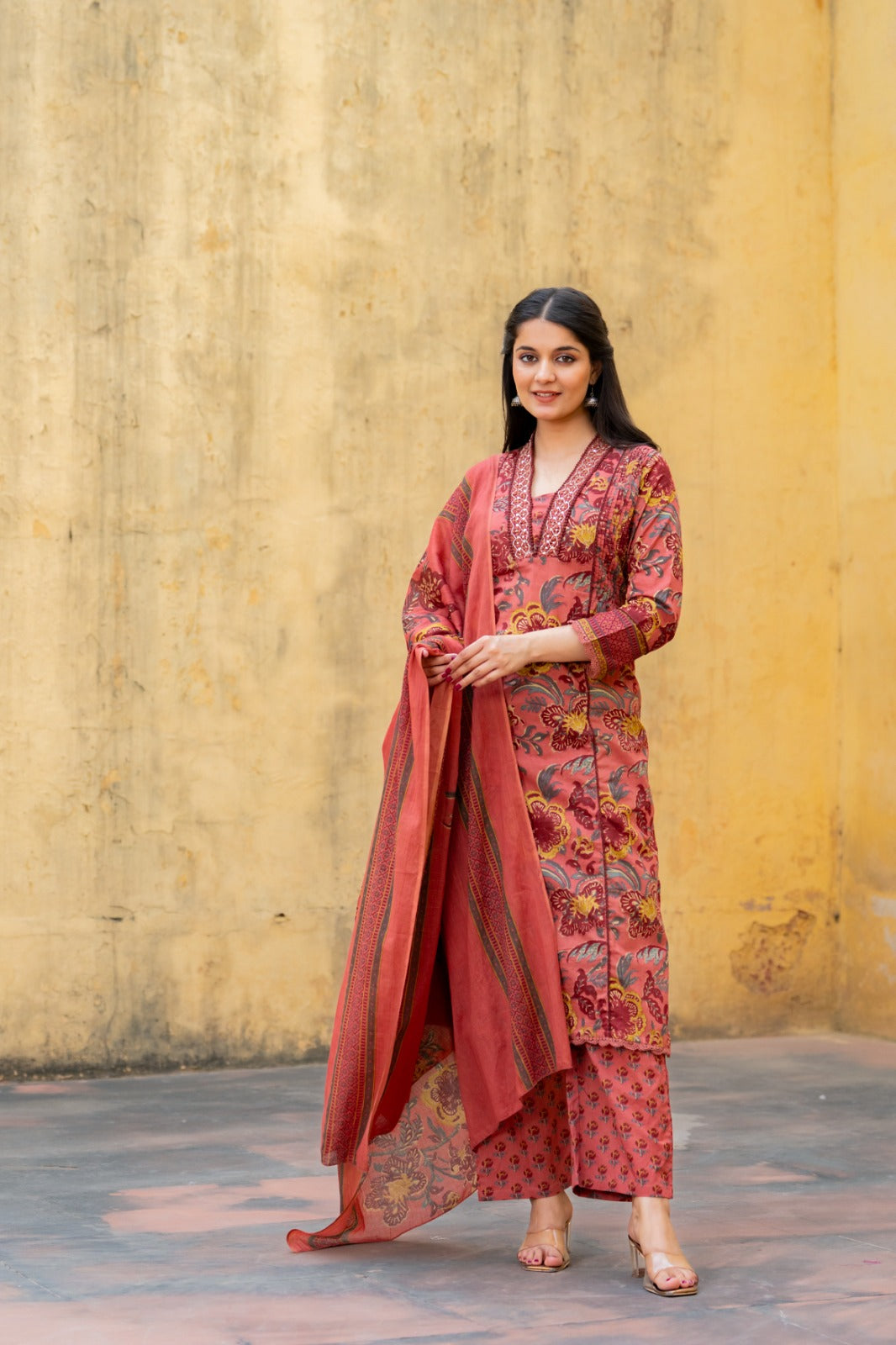 Dark onion pink kalamkari pure cotton three piece set (P1915)