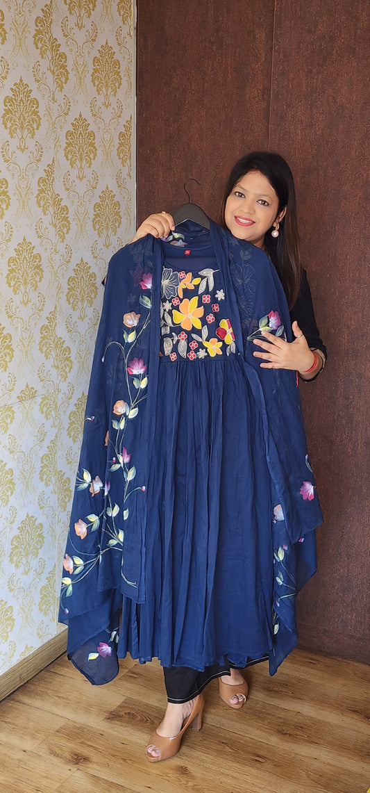 Blue mul cotton with full embroidery and brush paint dupatta three piece set (P1071)