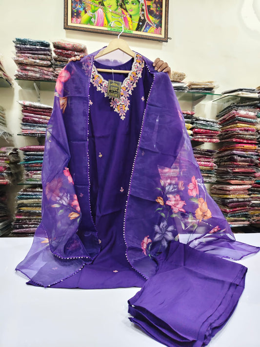 Purple pure muslin with organza dupatta three piece set (A225)