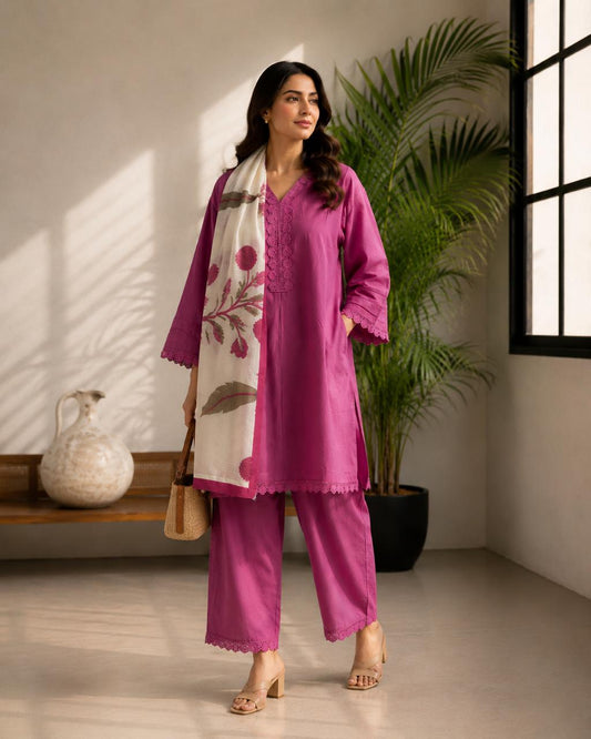 Pure cotton solid colour kurta with pant and paired with mugal duppta three piece set kurta length 37 inch and bottom length 38 inch (S120)