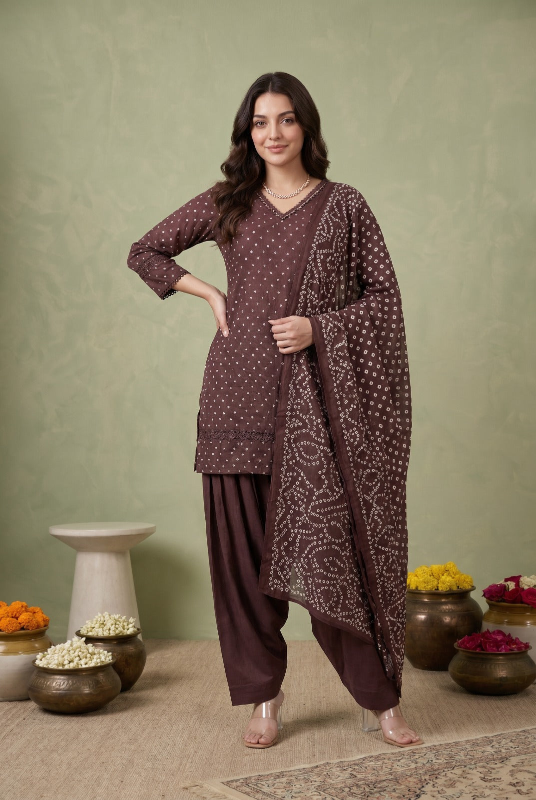 Pure cotton bandani print with farshi salwar smart three piece set (S171)