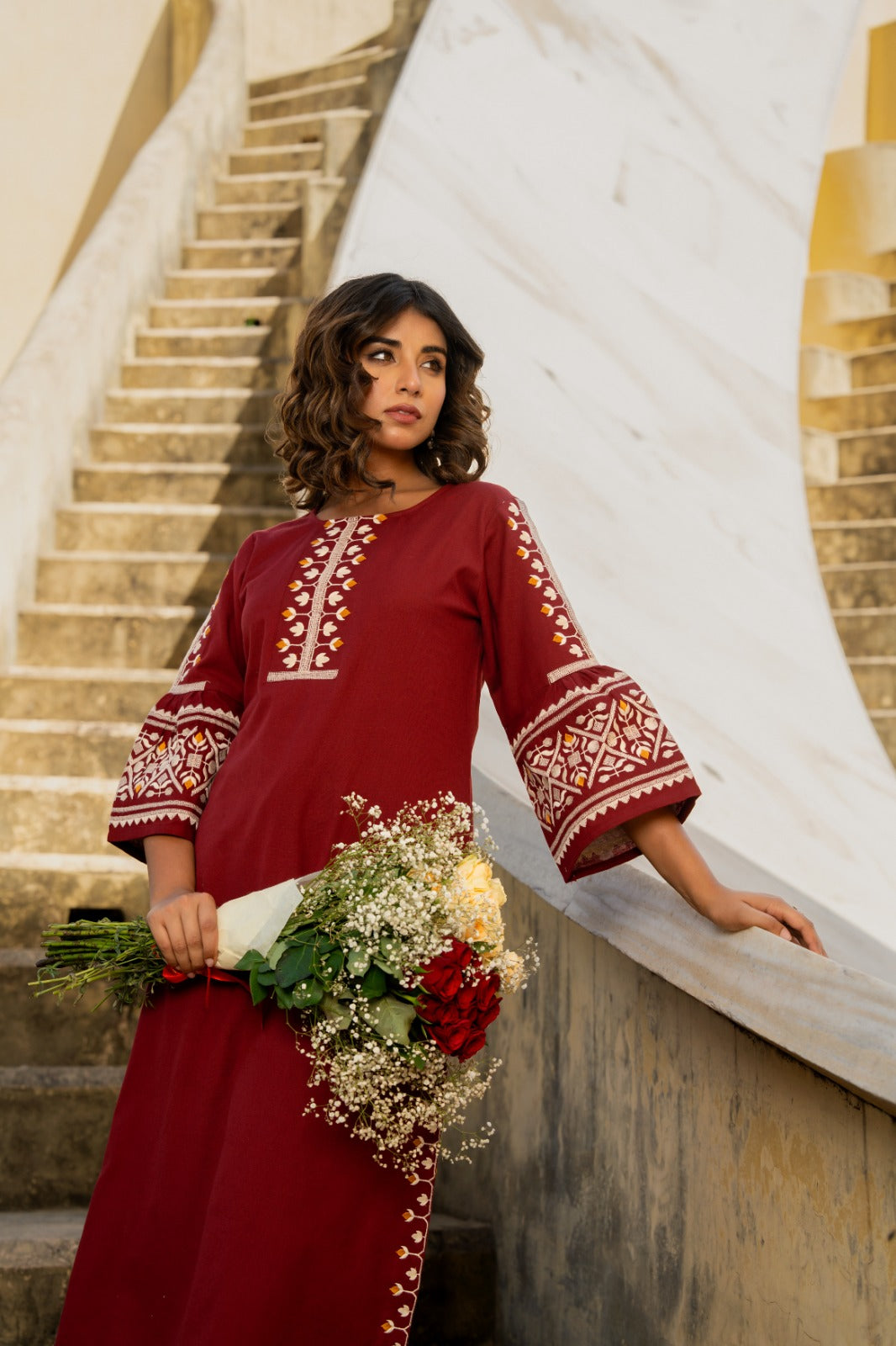 Mahroon handloom cotton with full thread work two piece cordset (P2123)