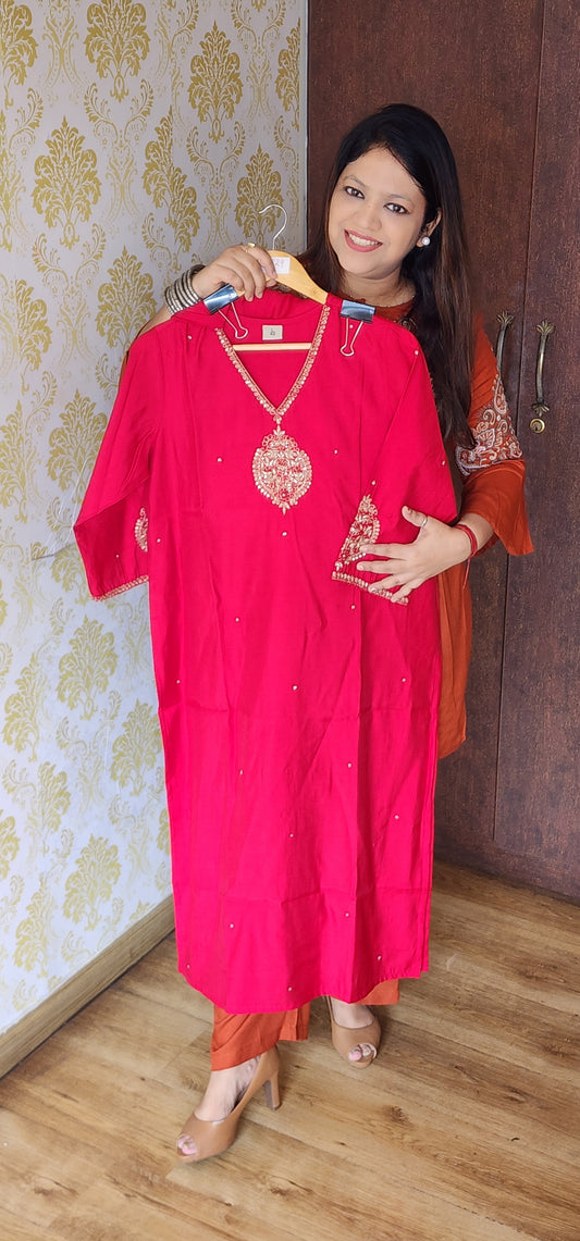 Red pure muslin with hand work two piece set (P1049)