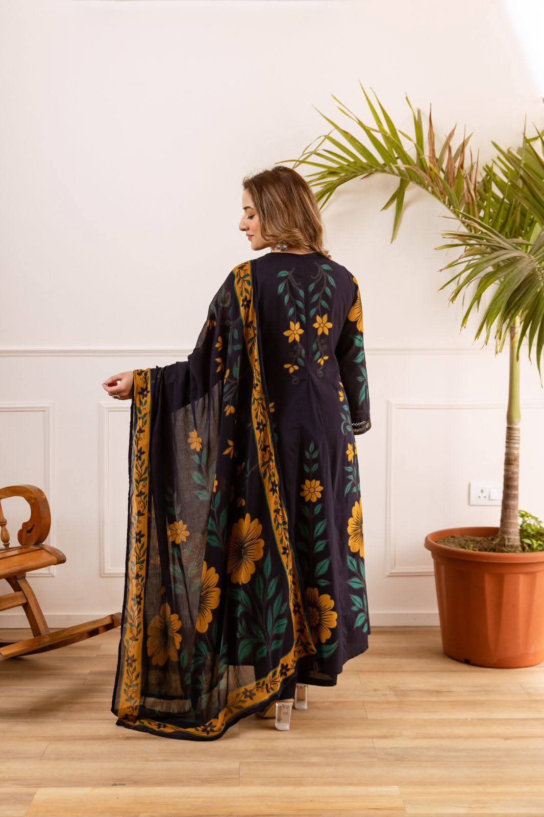 Pure cotton flared printed dark blue colour anarkali three piece set (A1903)