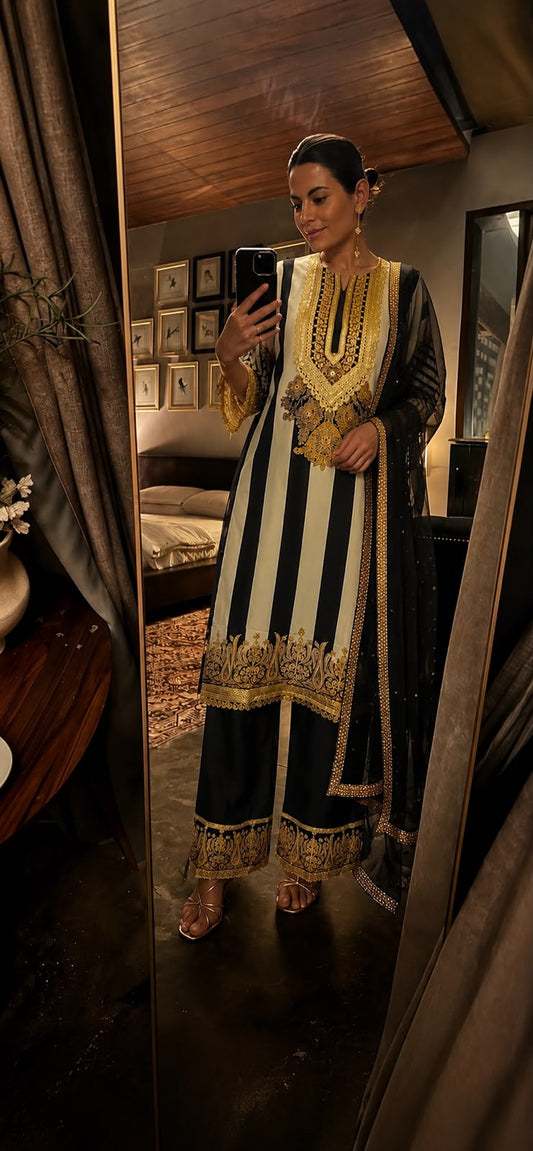 Pure crape with lining three piece set (S218)