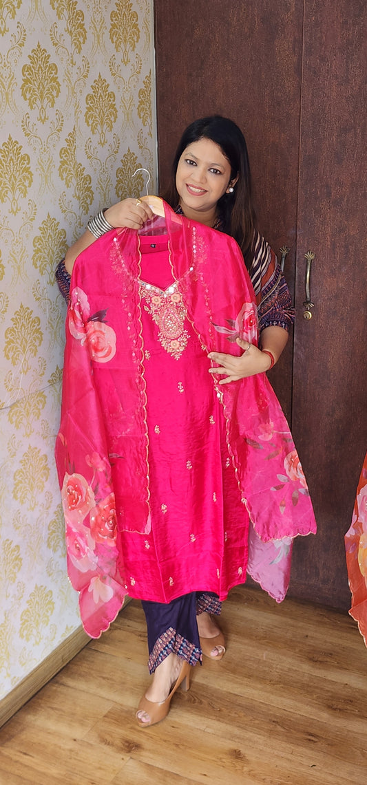 Bright pink dola silk with full hand work three piece set (P1055)