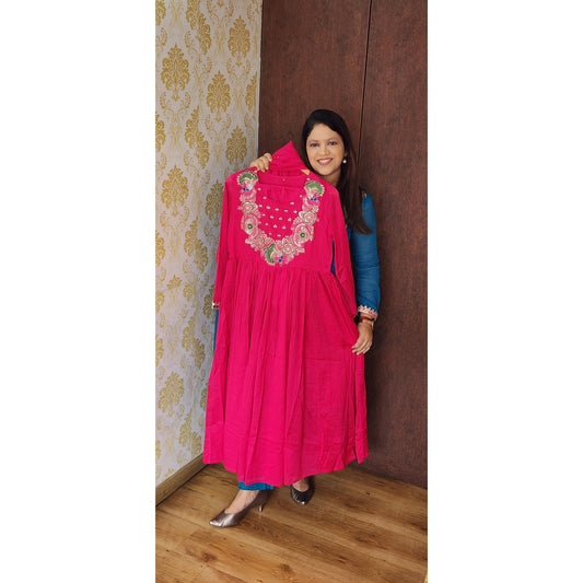 Rani pink mul cotton with heavy work on neck line three piece set (T70)