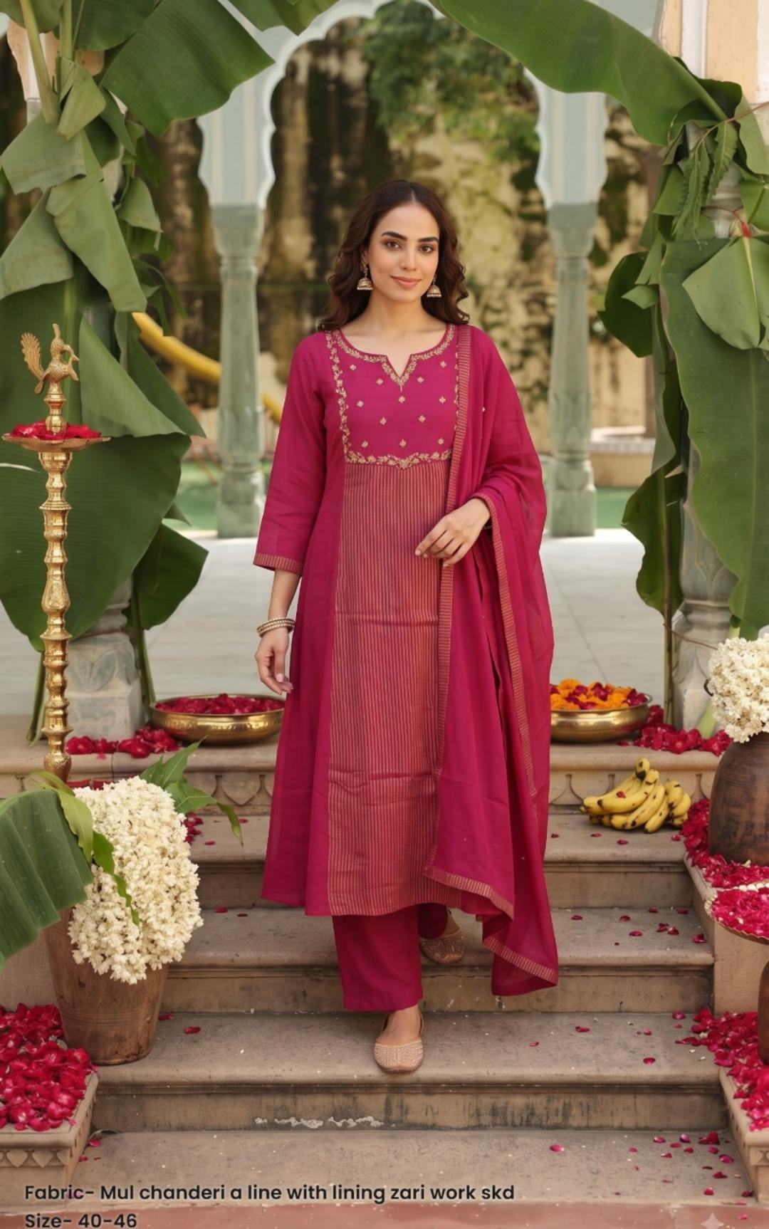 Pure banarasi mul chanderi A line with tissue weaved three piece set (C763)