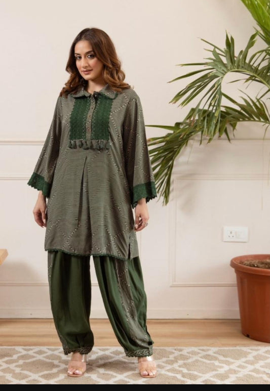 Green cotton modal with farshi salwar two piece cordset (A756)