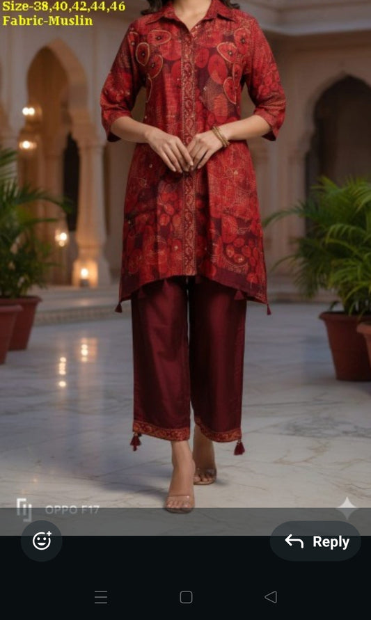 Pure muslin silk with lining ajrakh print two piece cordset (B166)